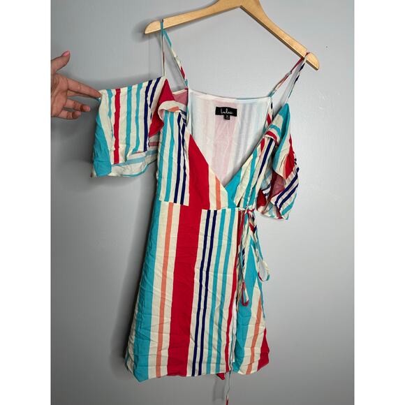 Lulu’s Women’s‎ Caliente Multi Striped Off-the-Shoulder Wrap Dress Size M NWT - Picture 3 of 10